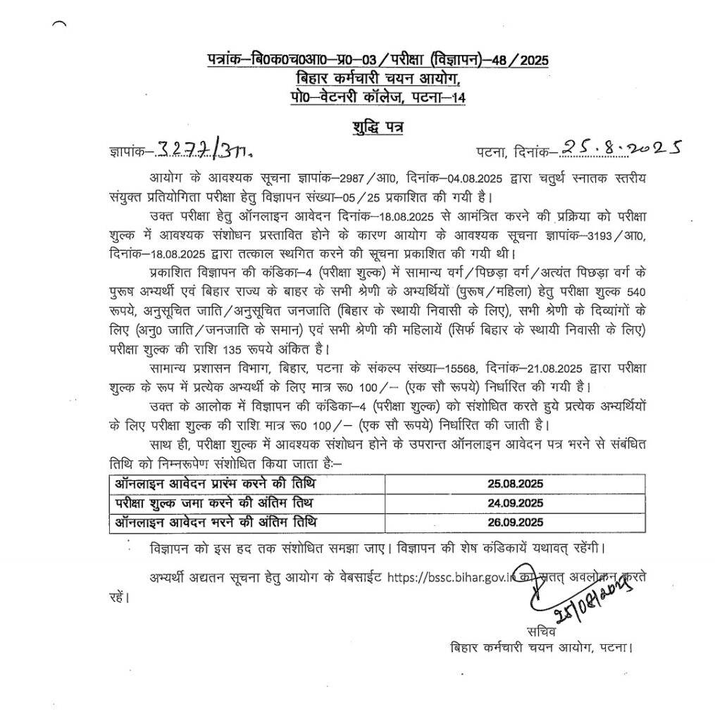 Bihar BSSC 4th Graduate Level Recruitment 2025